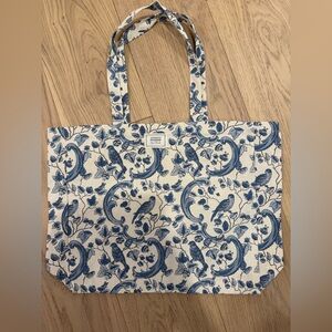 Sezane Blue and Cream Bird Pattern Tote